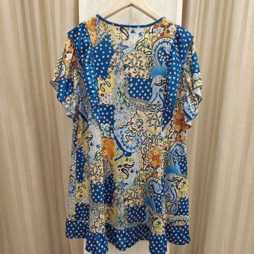 S121:新品 チュニックプリント タッセルリボン ブルー系 サイズ42