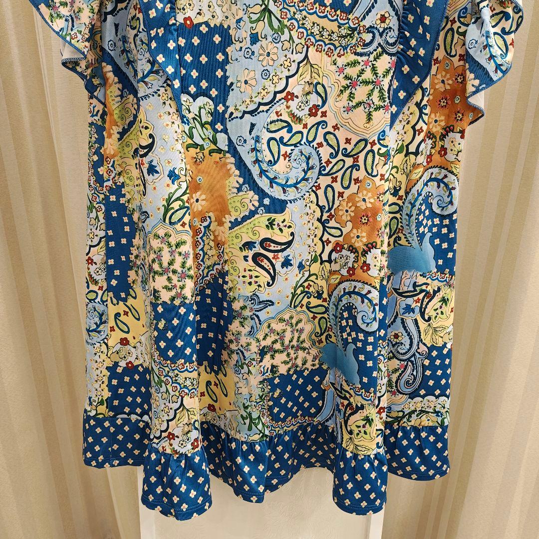 S121:新品 チュニックプリント タッセルリボン ブルー系 サイズ42