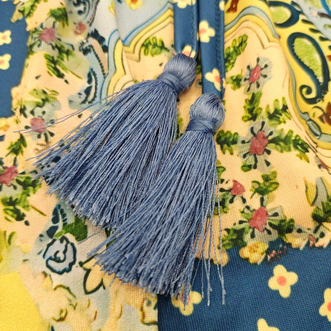 S121:新品 チュニックプリント タッセルリボン ブルー系 サイズ42