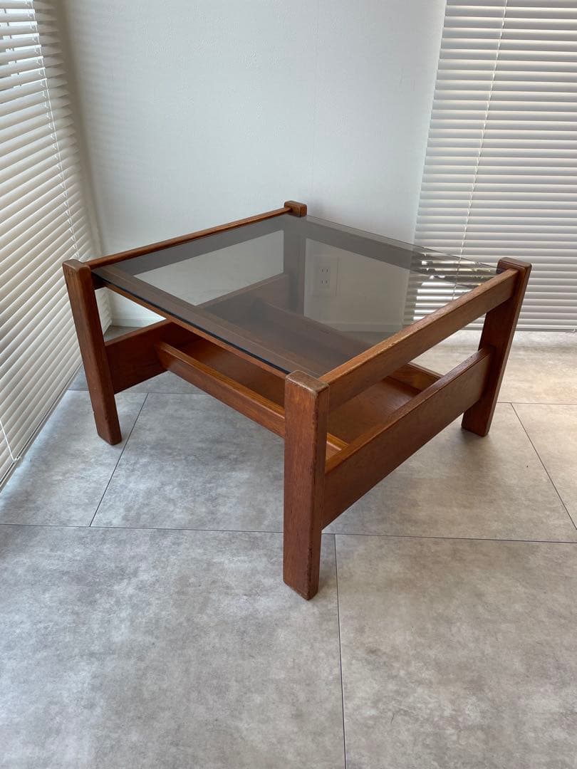 木製ガラストップセンターテーブル　ビンテージテーブル　チーク材　北欧家具