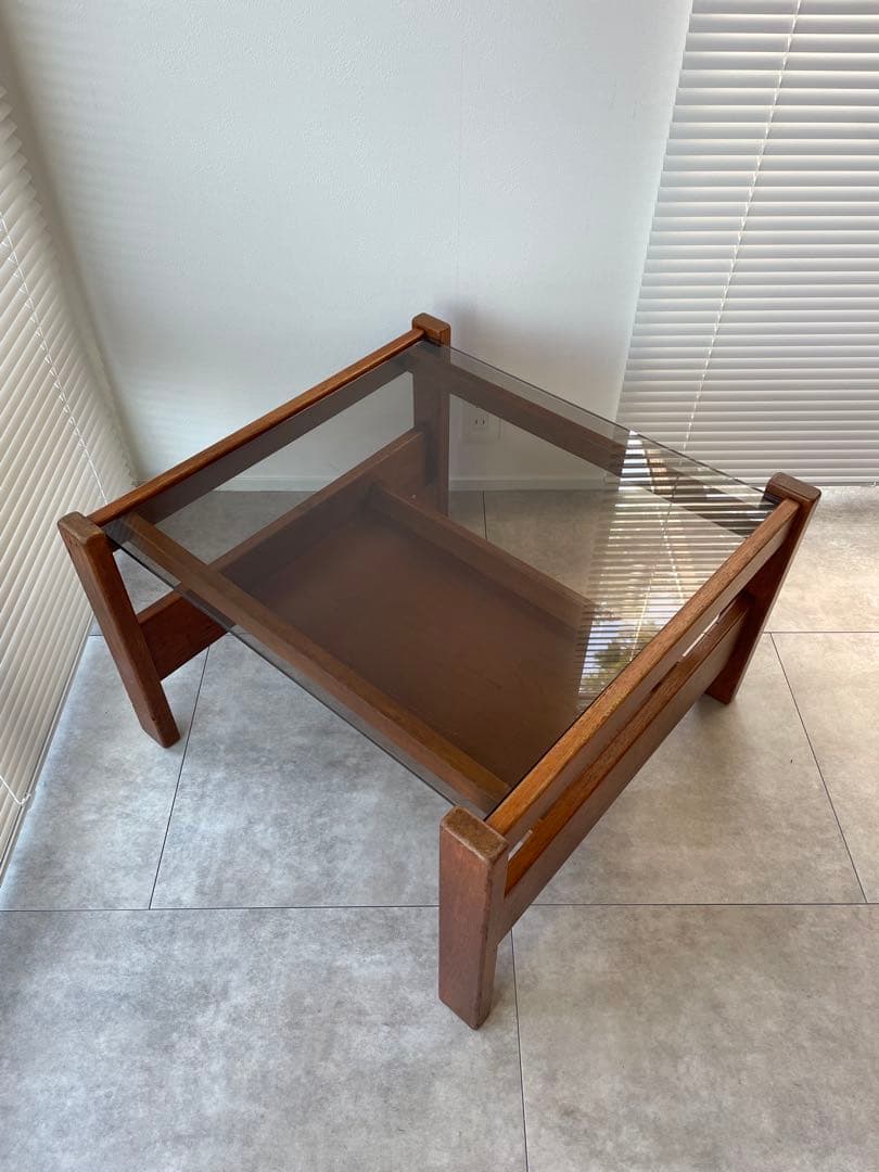 木製ガラストップセンターテーブル　ビンテージテーブル　チーク材　北欧家具