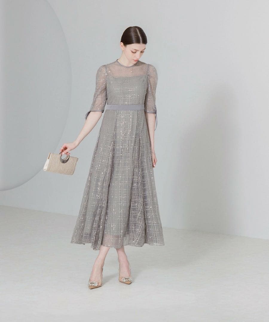 leja チェックスパンコール リボンワンピースドレス グレー（公式完売商品）