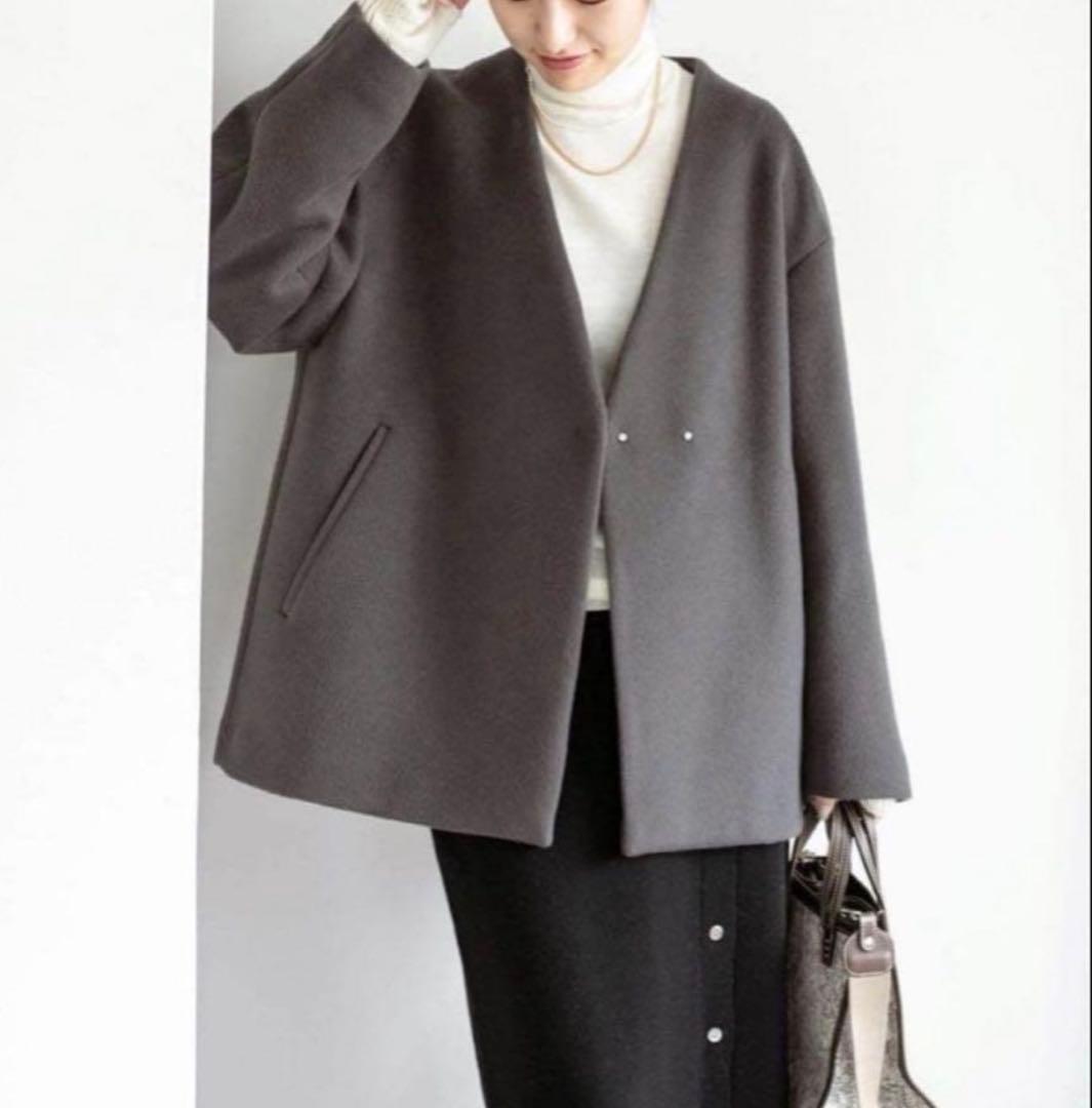 イエナ マンテコ ノーカラーショートコート 36 グレー