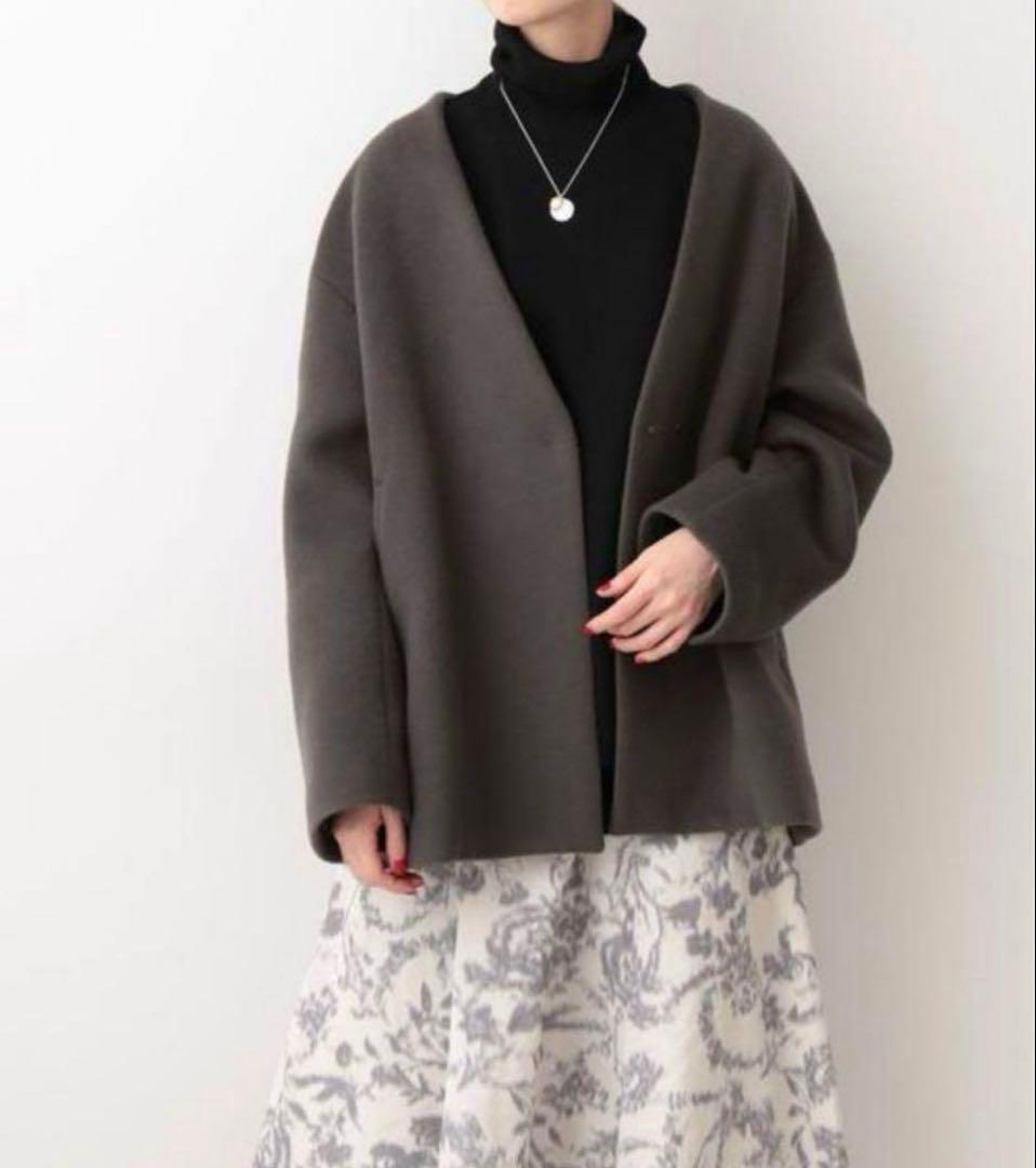 イエナ マンテコ ノーカラーショートコート 36 グレー