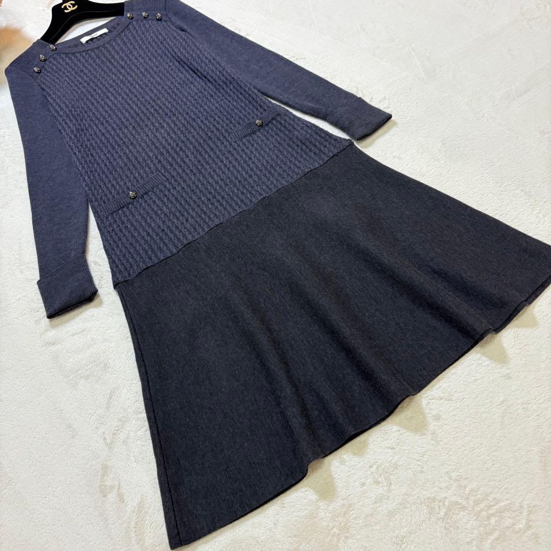 Rene ルネ　ケーブルニット　長袖ワンピース　ネイビー　36 カメリアボタン