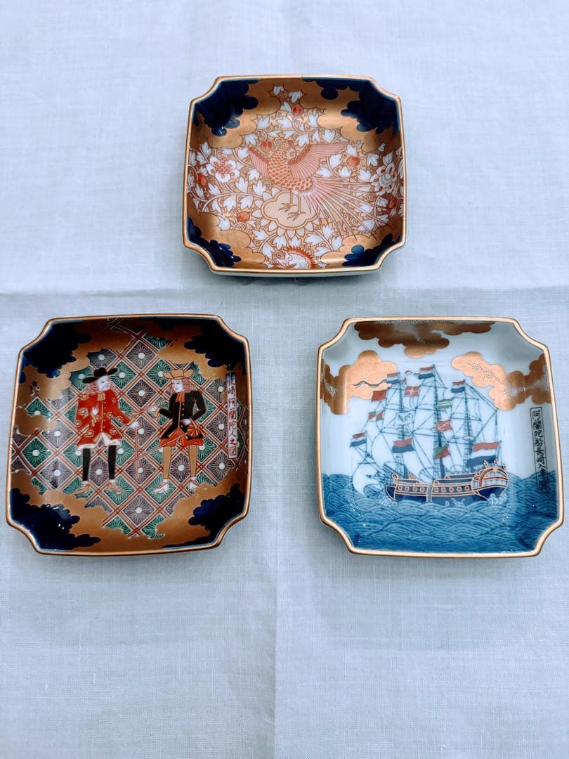 深川製磁☆染錦鳳凰唐草鳳凰、長﨑阿蘭陀人之図、帆船 宮内庁御用達 角皿3点