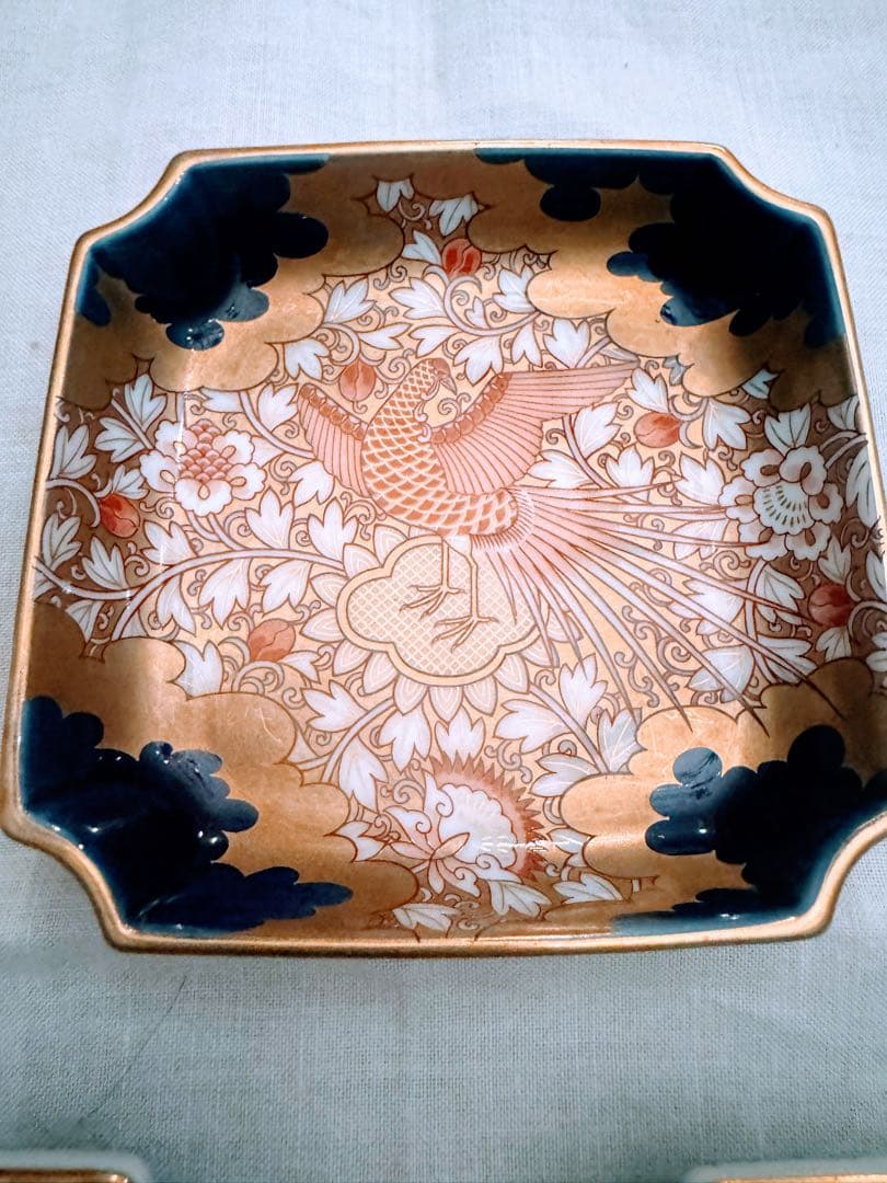 深川製磁☆染錦鳳凰唐草鳳凰、長﨑阿蘭陀人之図、帆船 宮内庁御用達 角皿3点