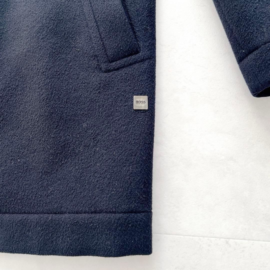 高級✨ヒューゴボス　カシミヤ混レイヤードチェスターコート　ロゴプレートウール黒L