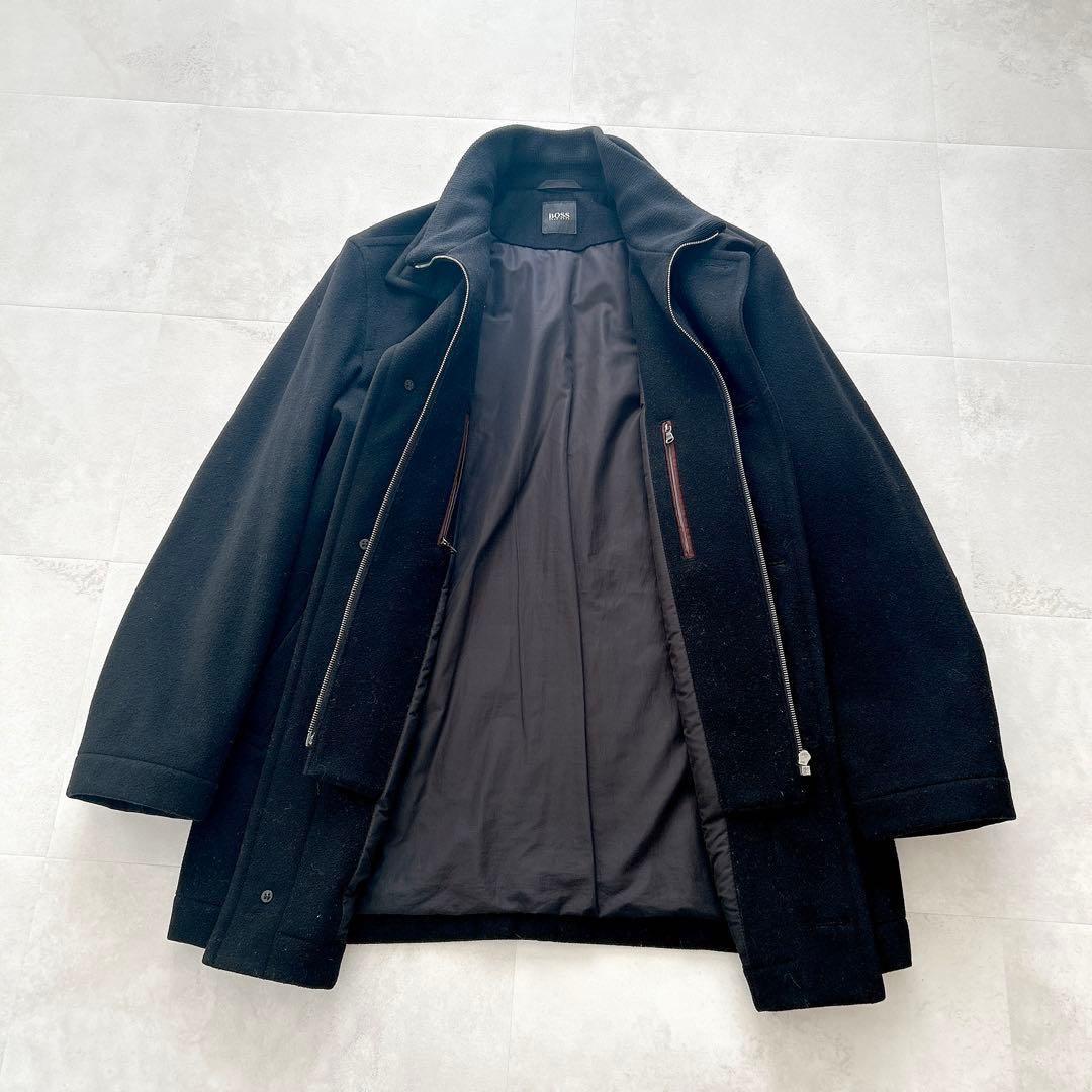 高級✨ヒューゴボス　カシミヤ混レイヤードチェスターコート　ロゴプレートウール黒L