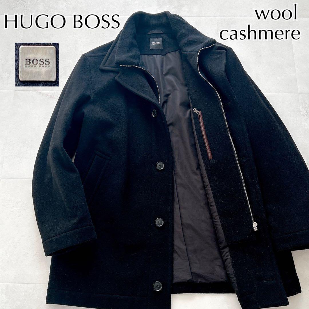 高級✨ヒューゴボス　カシミヤ混レイヤードチェスターコート　ロゴプレートウール黒L