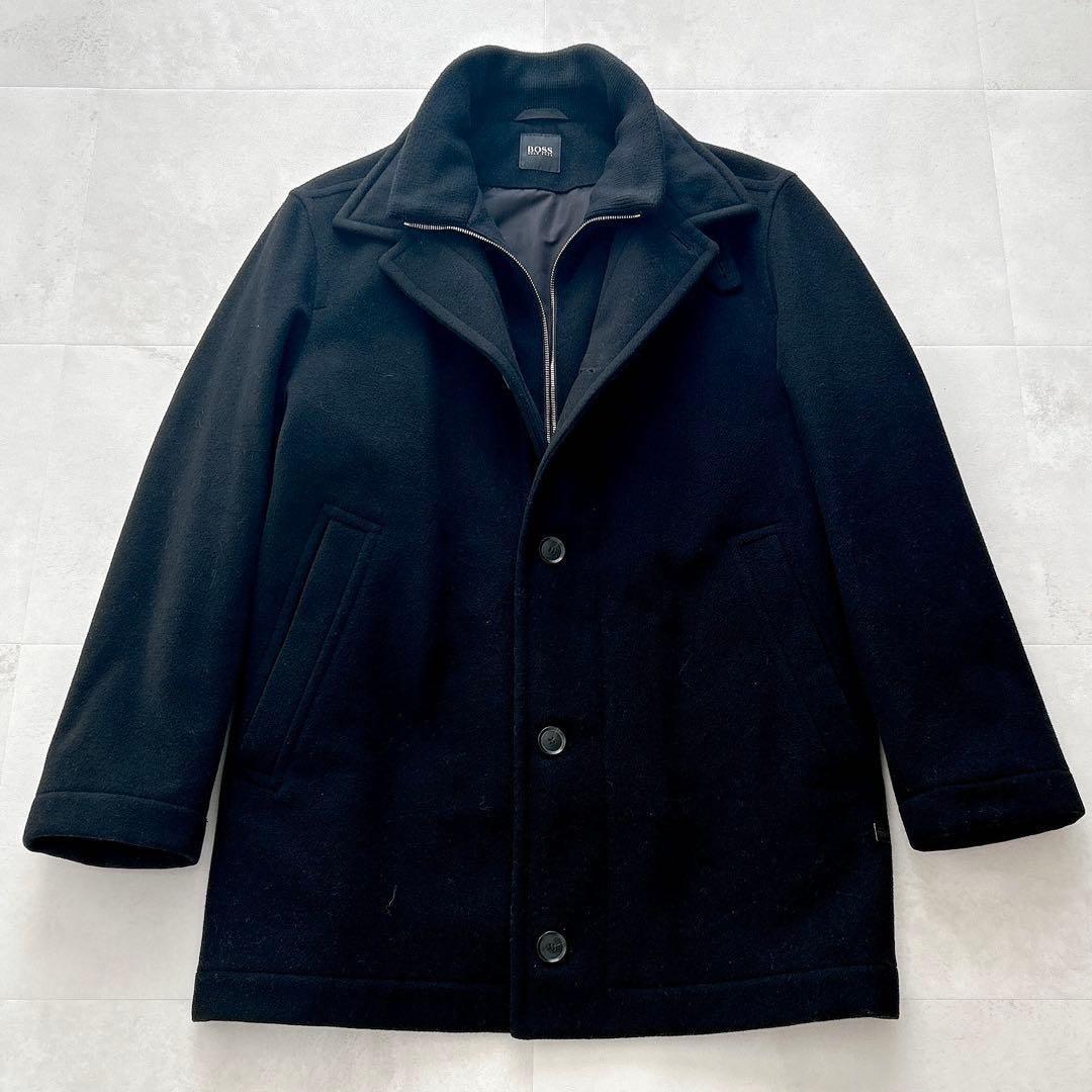 高級✨ヒューゴボス　カシミヤ混レイヤードチェスターコート　ロゴプレートウール黒L