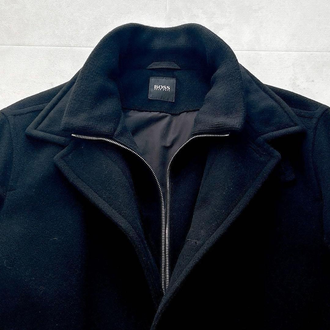 高級✨ヒューゴボス　カシミヤ混レイヤードチェスターコート　ロゴプレートウール黒L