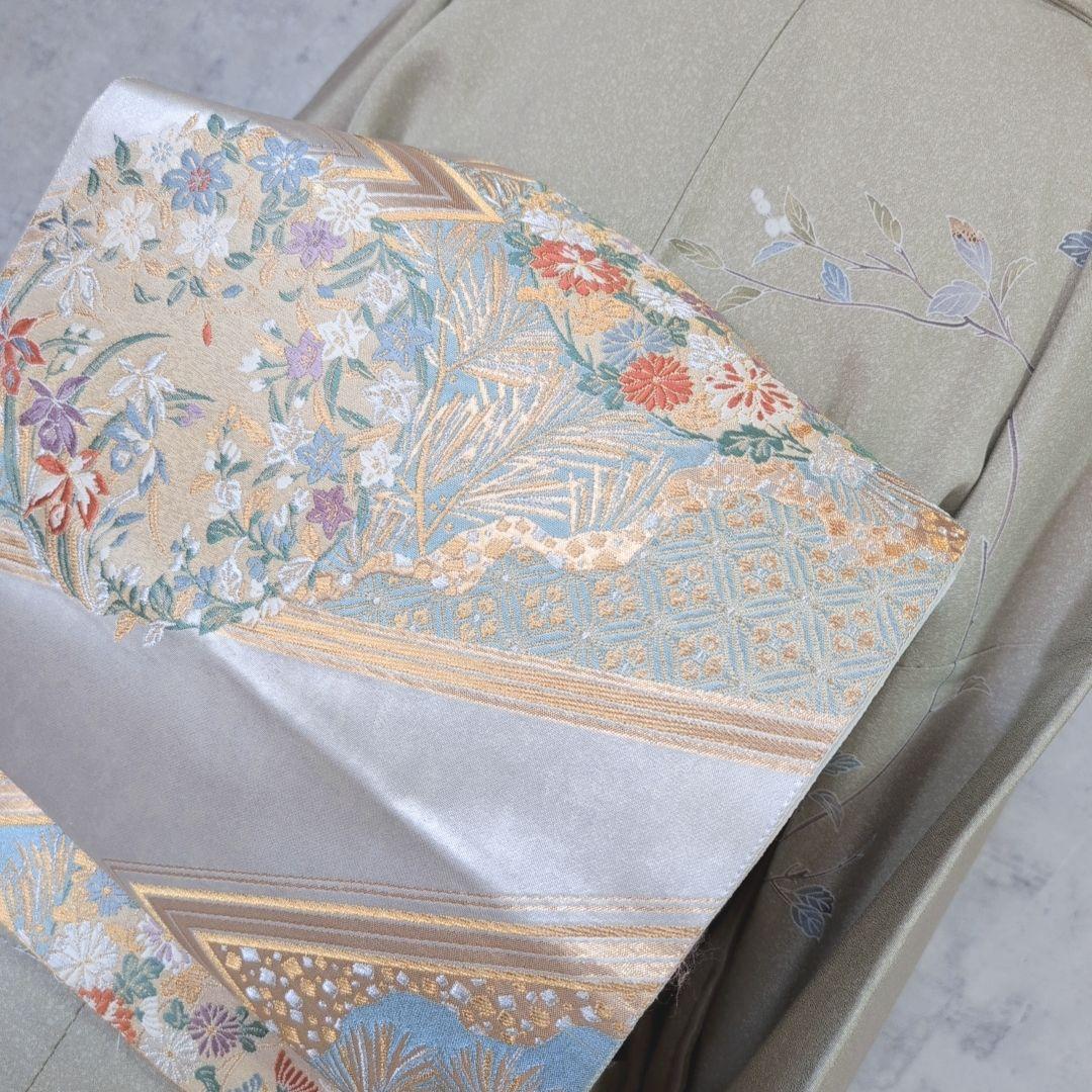 訪問着単品　着物　正絹　友禅　薄緑カーキ　枝葉模様　ナチュラル　F7