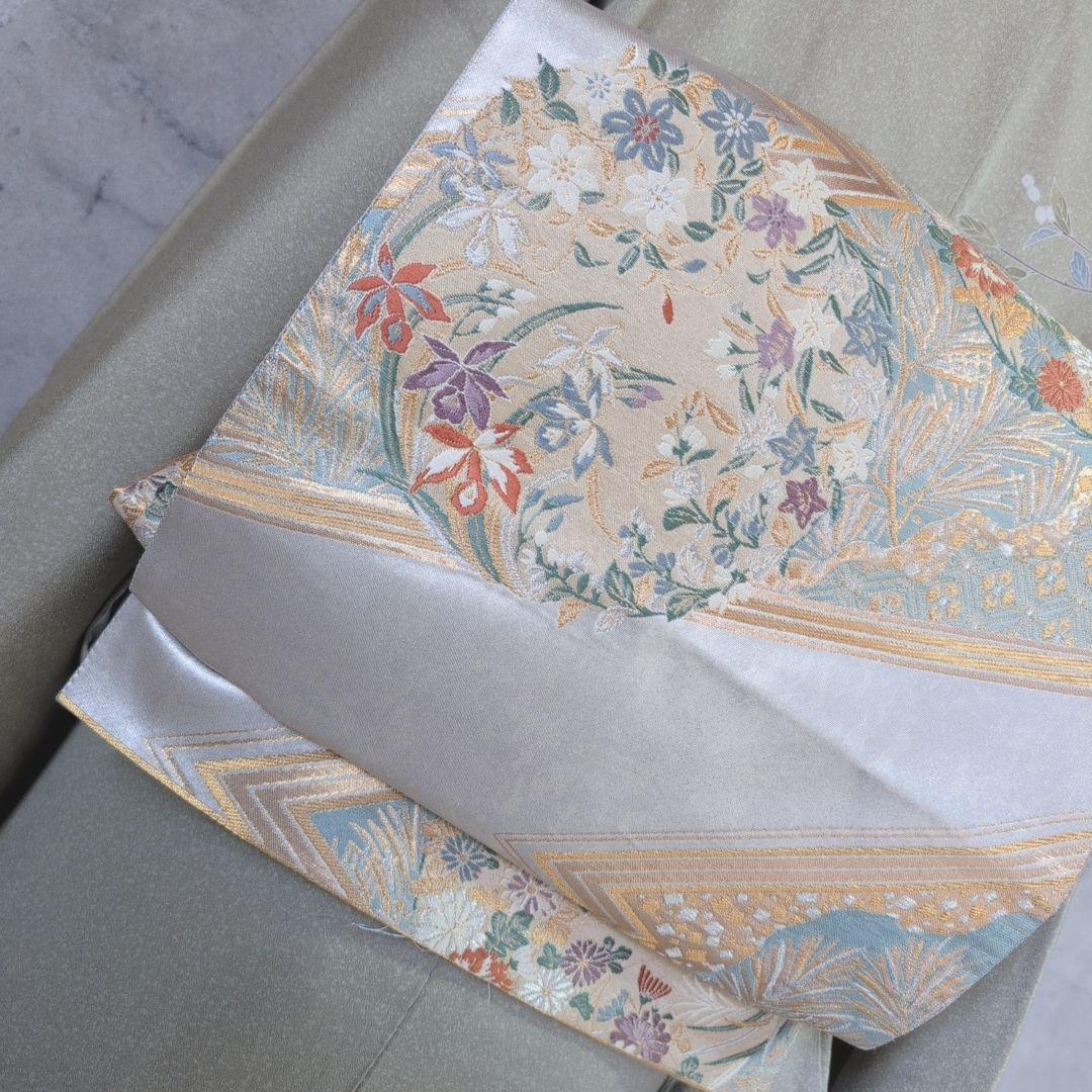 訪問着単品　着物　正絹　友禅　薄緑カーキ　枝葉模様　ナチュラル　F7