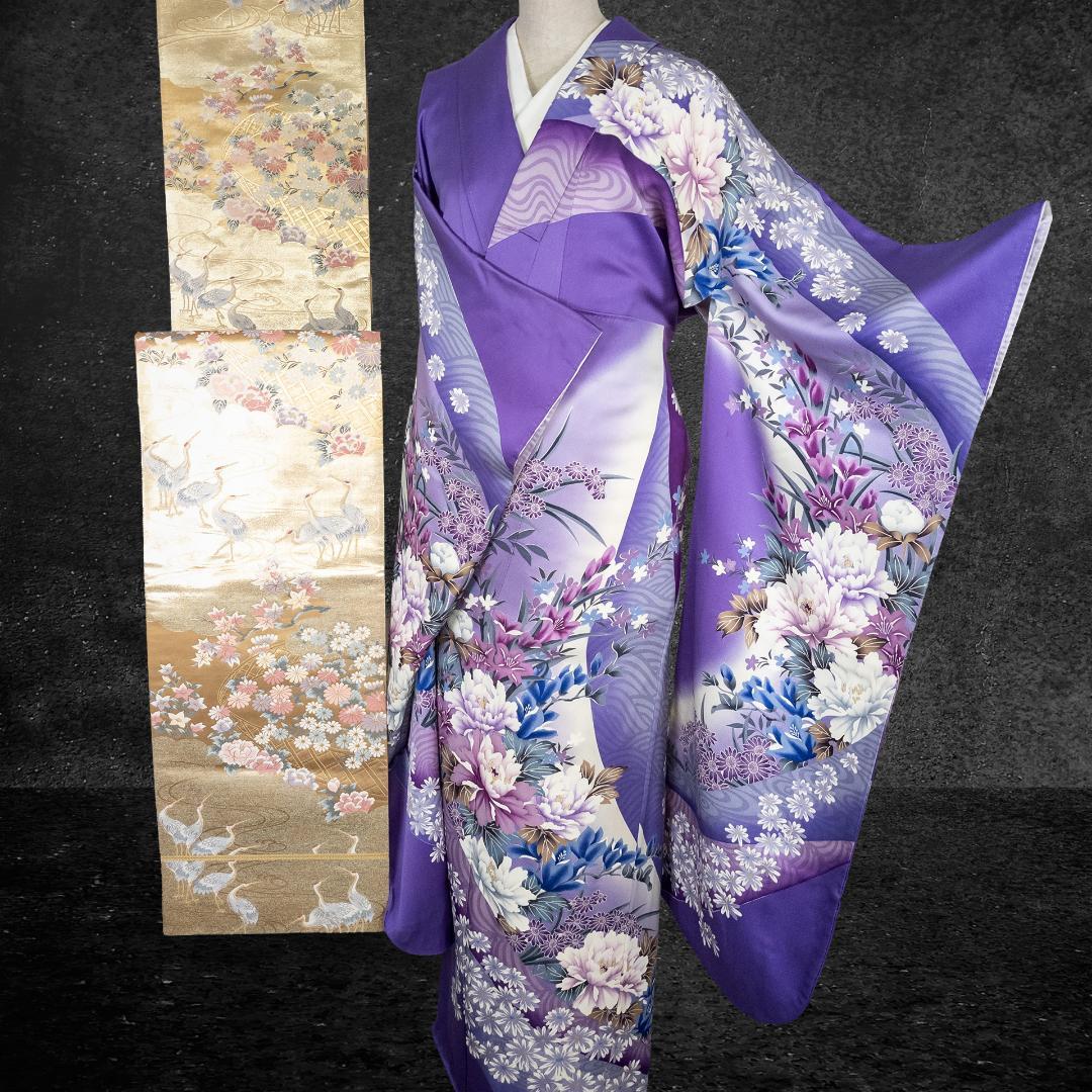 CCCH! R7SK1310 振袖+帯 2点セット 華やか 花 鶴 六通柄