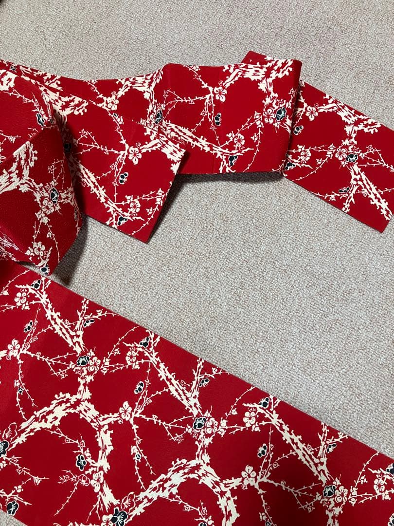 ③ 浦野理一　ちりめん　名古屋帯　赤に梅