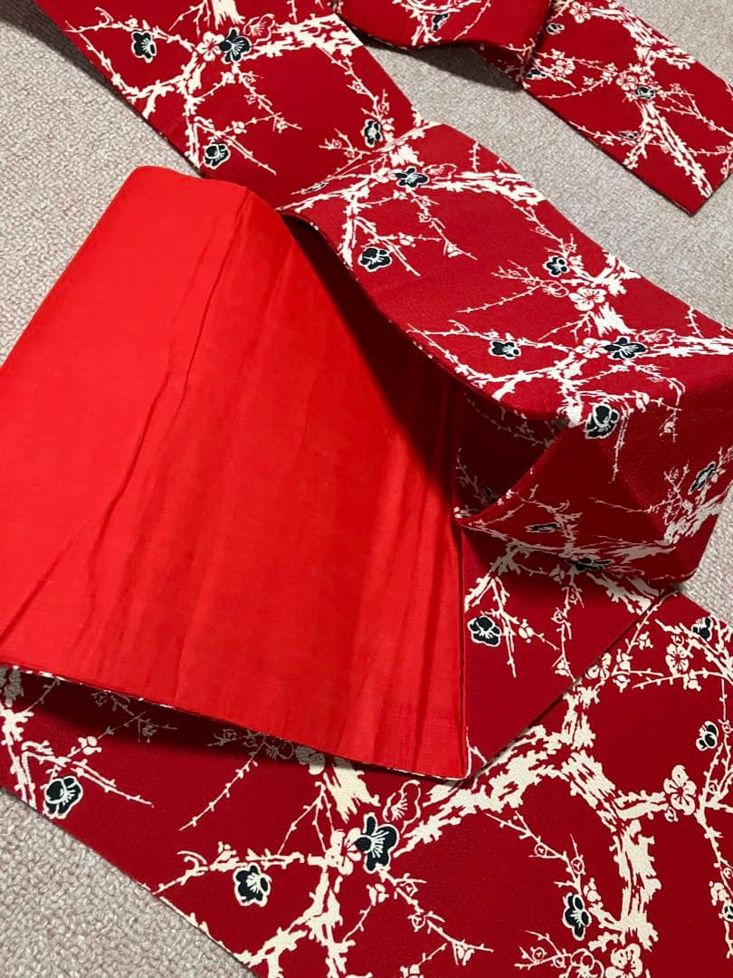 ③ 浦野理一　ちりめん　名古屋帯　赤に梅