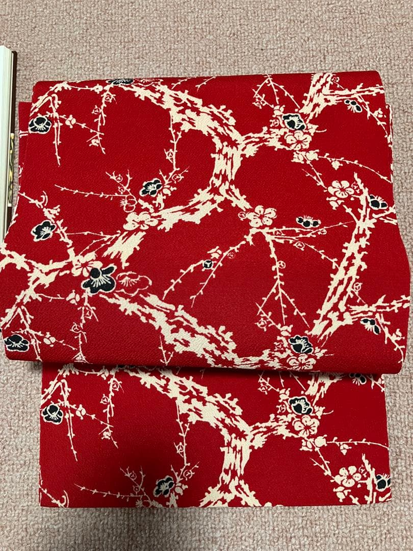 ③ 浦野理一　ちりめん　名古屋帯　赤に梅