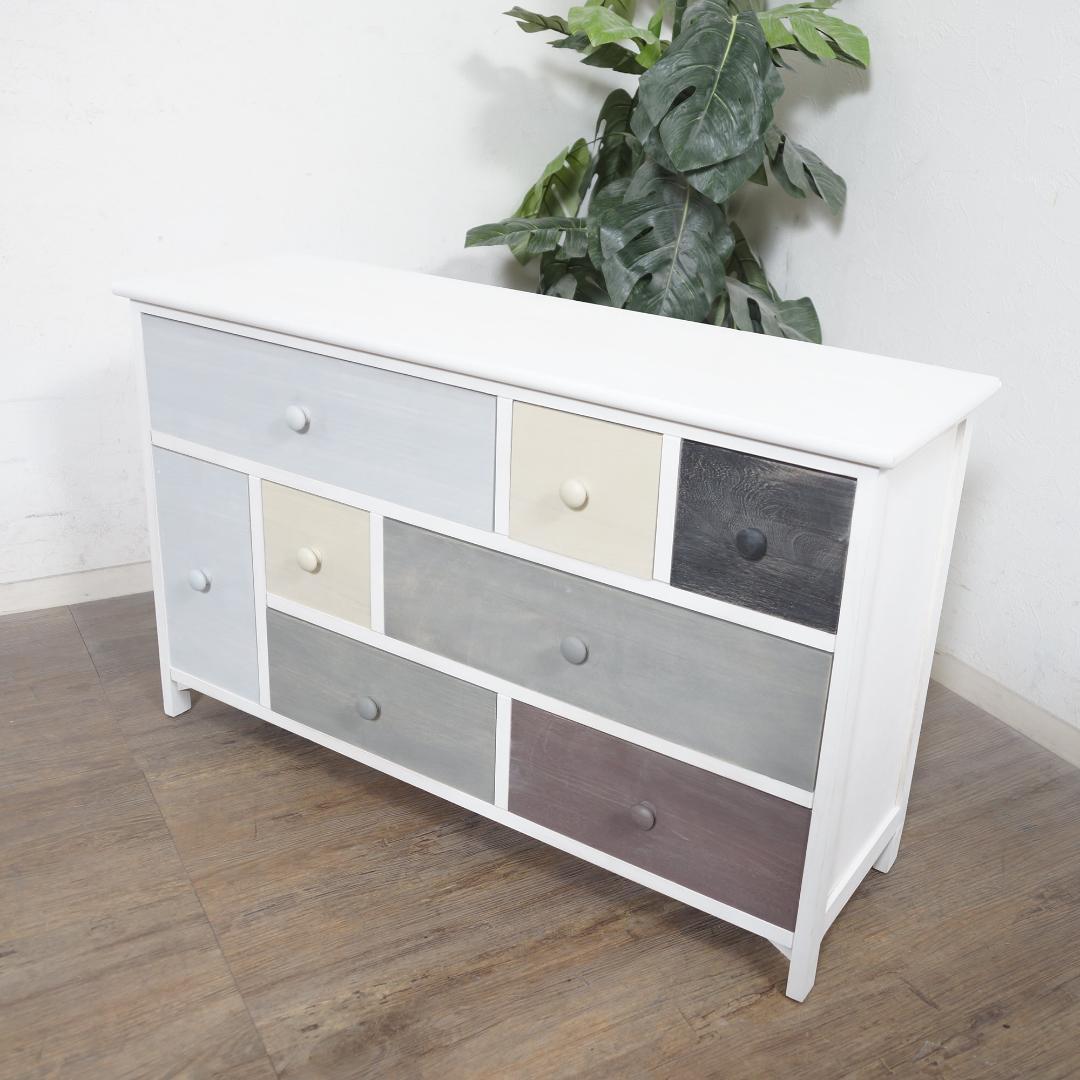 フォロー割【新品】木製スモーキーカラー　チェスト　アンティークホワイト