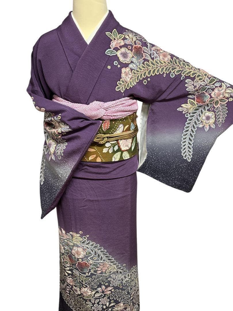 A49訪問着　辻ヶ花　作者物落款 辻がぼかし 紫 正絹 名品