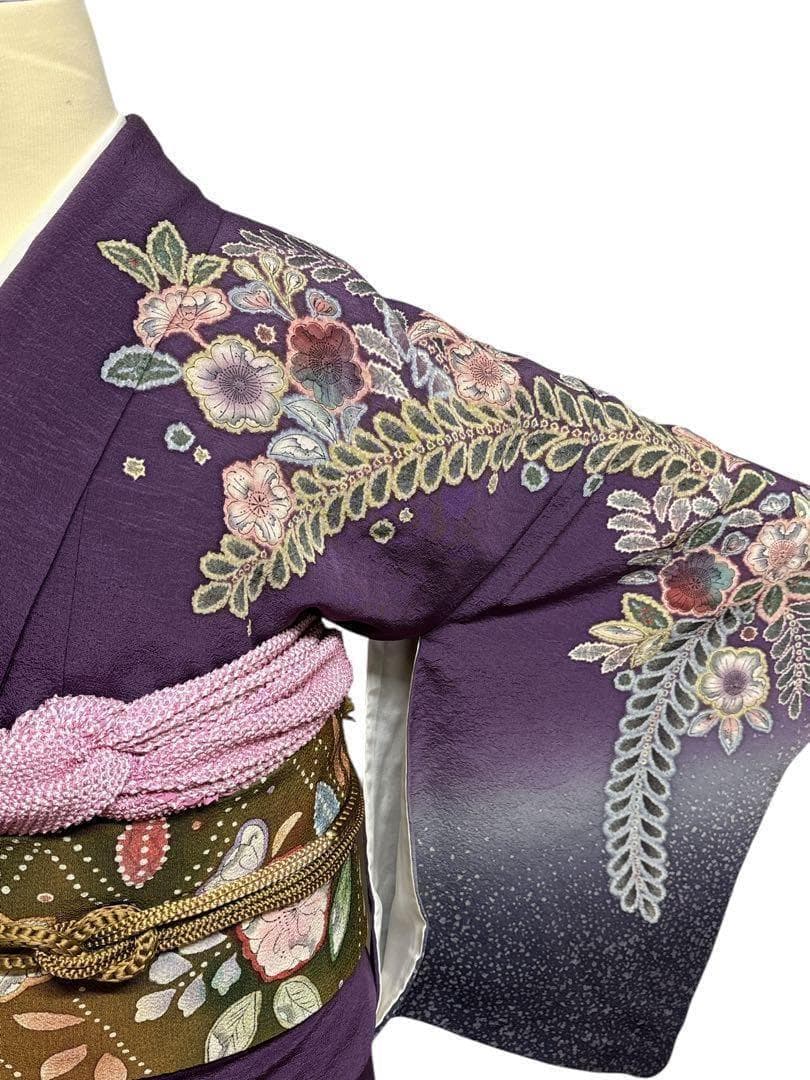 A49訪問着　辻ヶ花　作者物落款 辻がぼかし 紫 正絹 名品