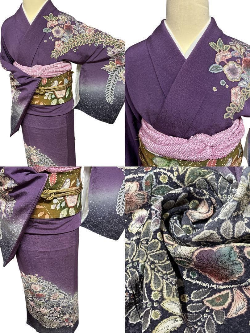 A49訪問着　辻ヶ花　作者物落款 辻がぼかし 紫 正絹 名品