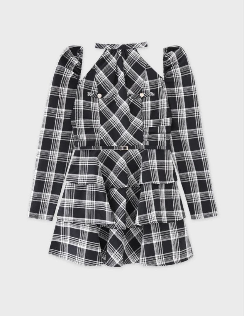 ワンピース mmeeme Sleeve halter check mini onepiece