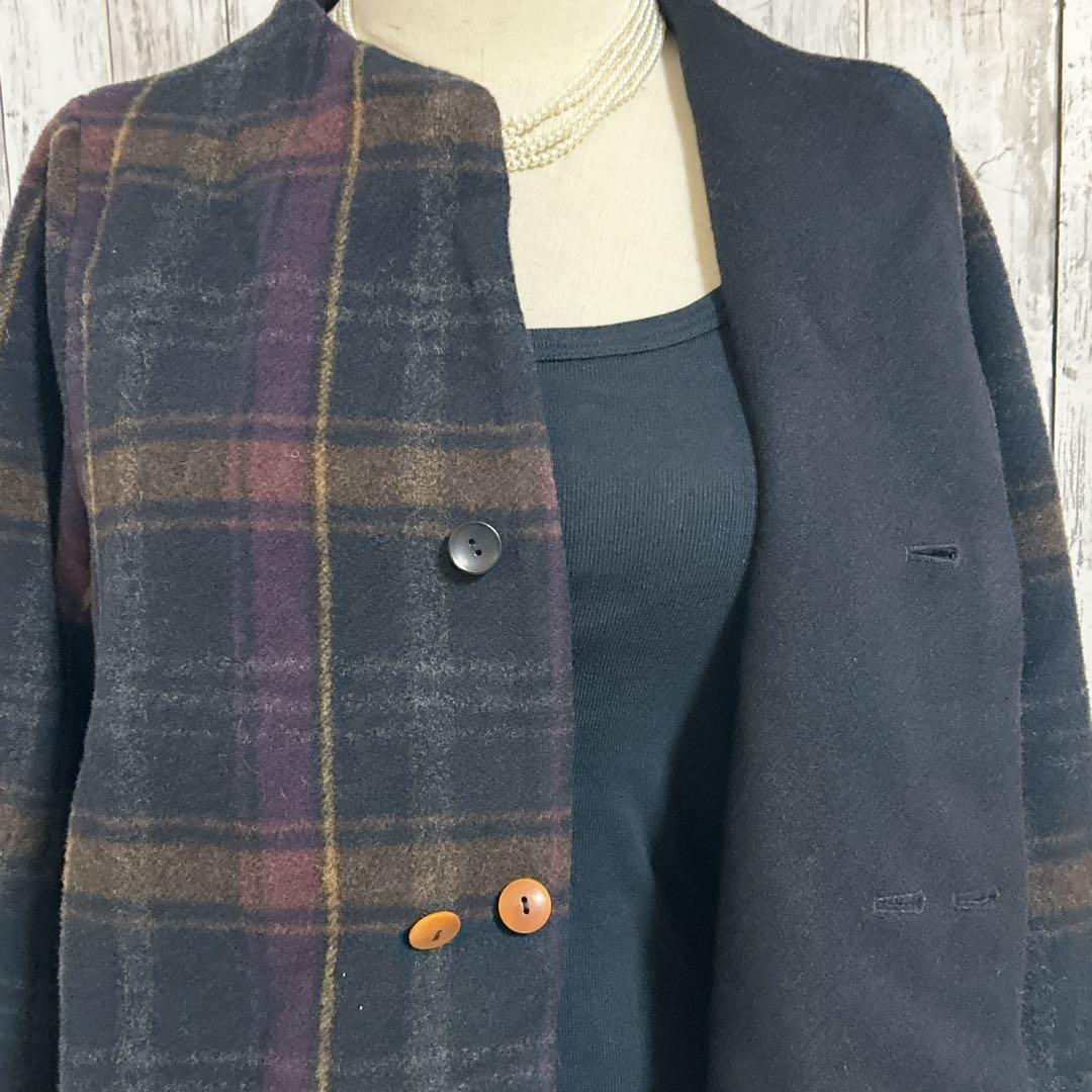 美品【パラスパレス】バルーンモッサー　チェック　ボトルネックコート　美シルエット