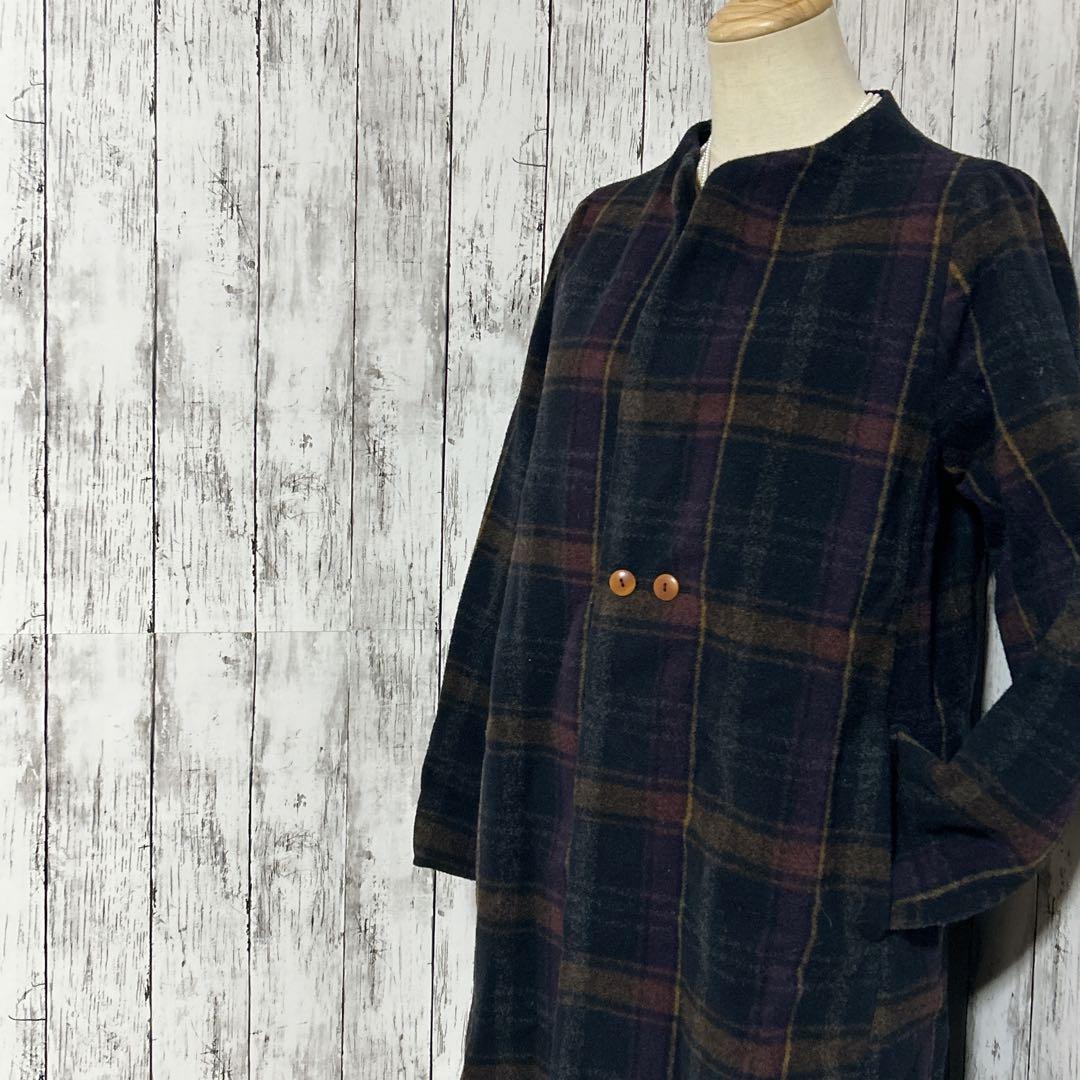 美品【パラスパレス】バルーンモッサー　チェック　ボトルネックコート　美シルエット