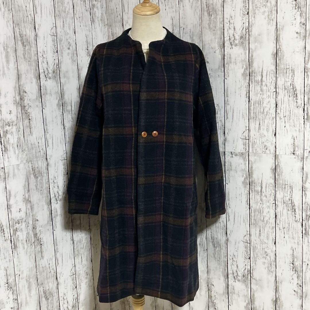美品【パラスパレス】バルーンモッサー　チェック　ボトルネックコート　美シルエット