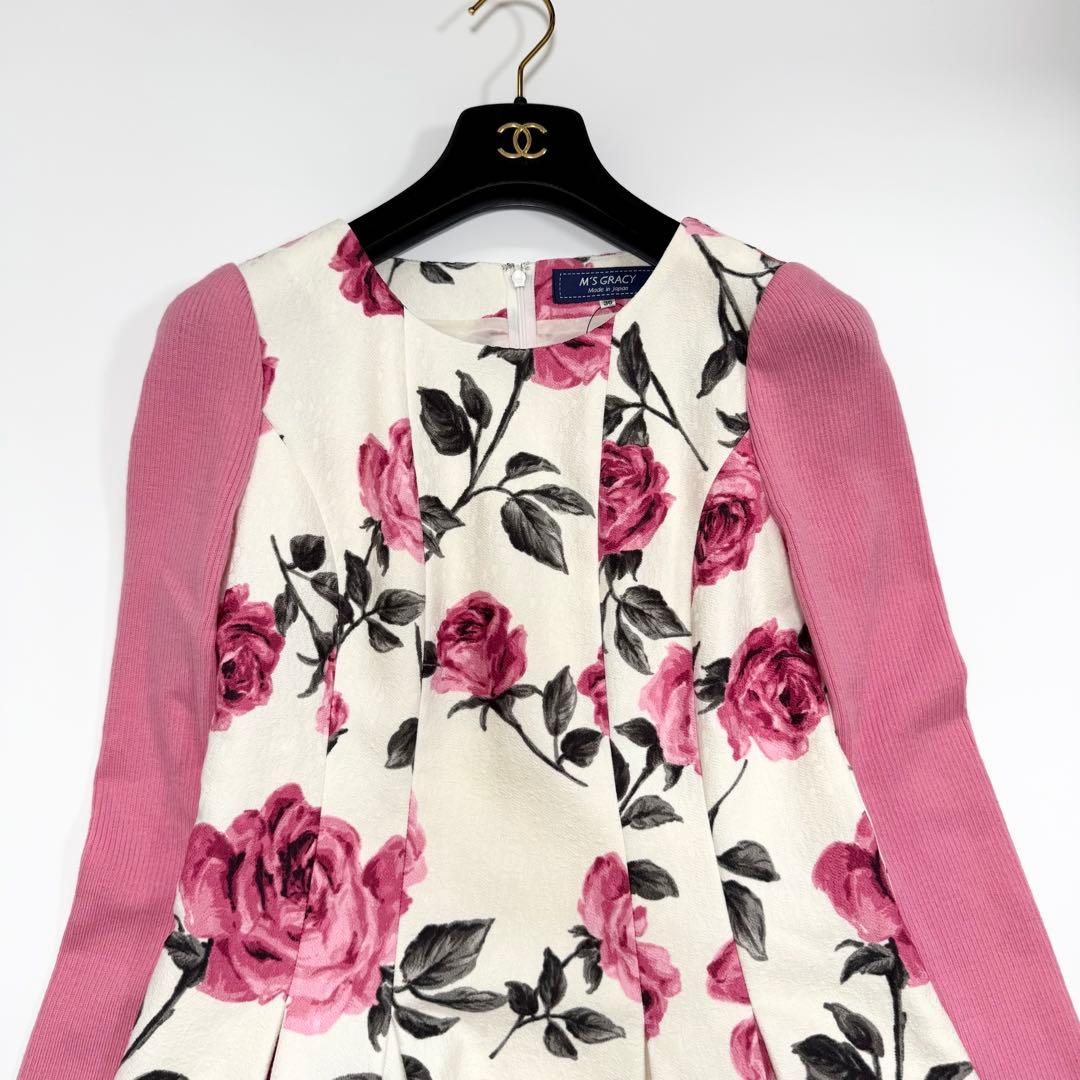 【極美品✨】エムズグレイシー　ワンピース　36 長袖　花柄　2021年　異素材