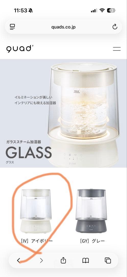 QUADS ガラススチーム加湿器 QS549 アイボリー 上部給水