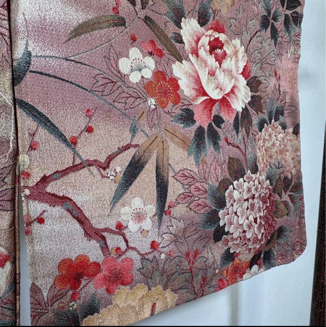 タイムセール！袷正絹着物　お召　147cmくすみピンク牡丹　個性的　アンティーク