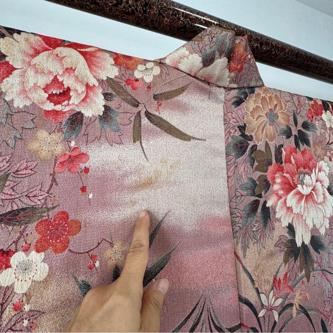 タイムセール！袷正絹着物　お召　147cmくすみピンク牡丹　個性的　アンティーク