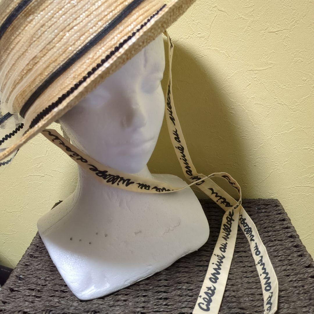 リボン付き麦わら帽子 ベージュ