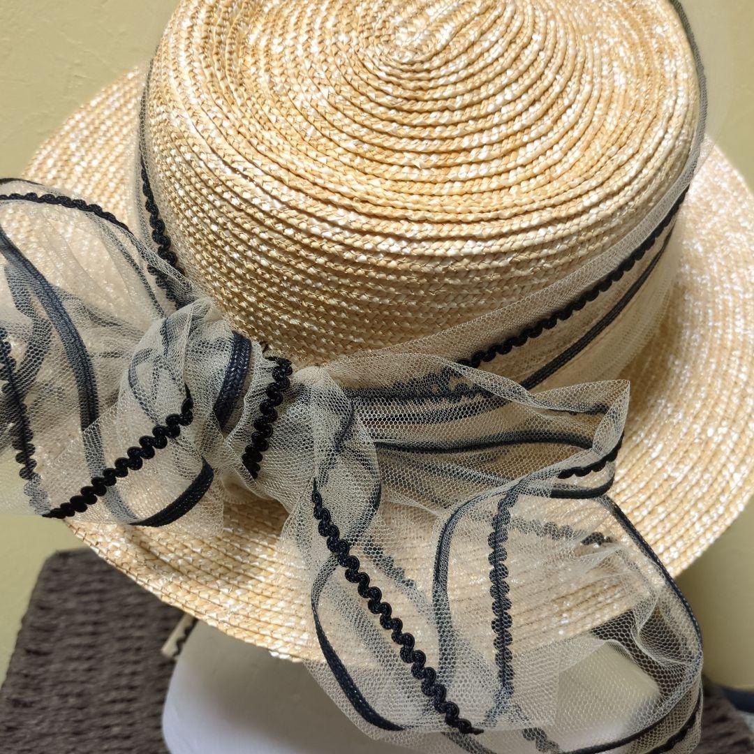 リボン付き麦わら帽子 ベージュ