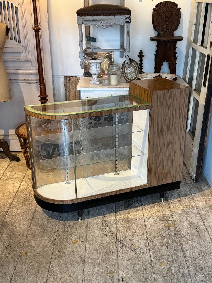 古いガラスショーケースカウンター 店舗什器 Rガラス レトロガラスヴィンテージ