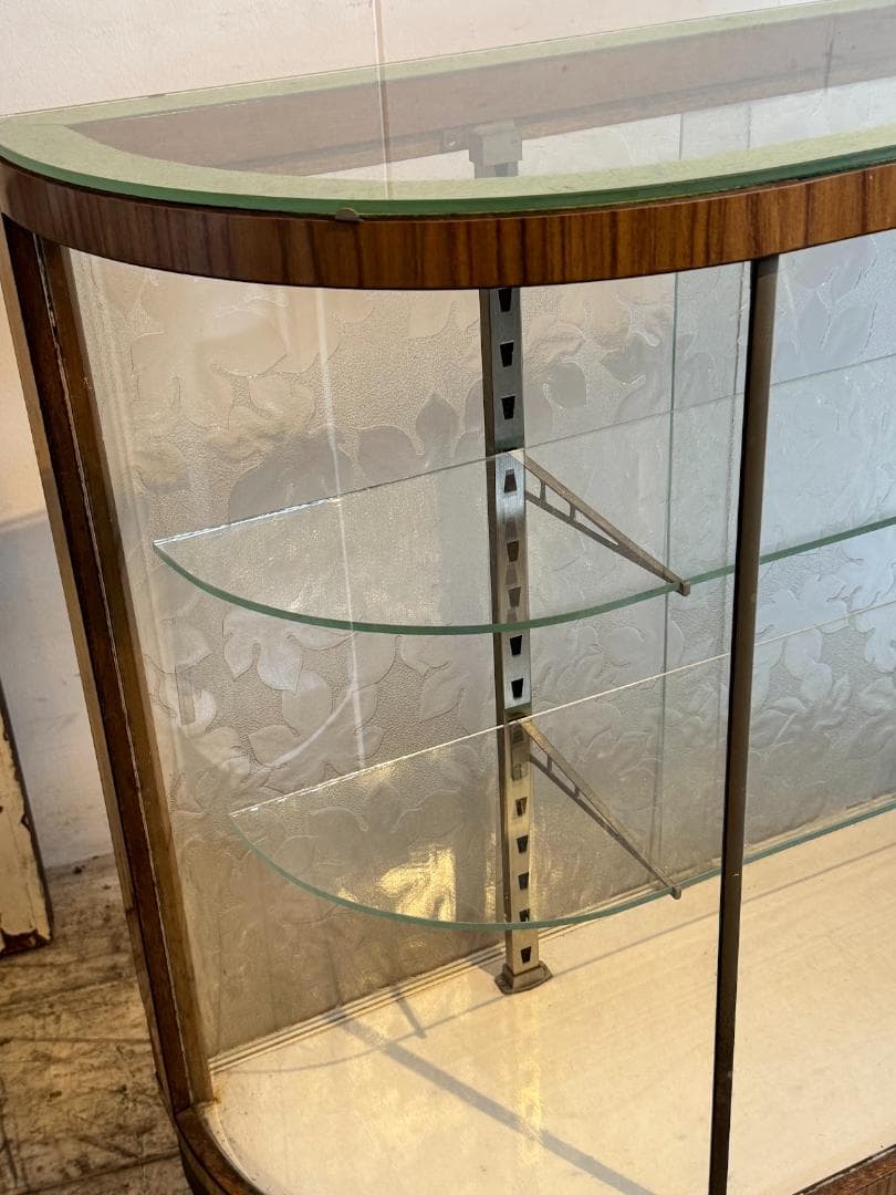 古いガラスショーケースカウンター 店舗什器 Rガラス レトロガラスヴィンテージ