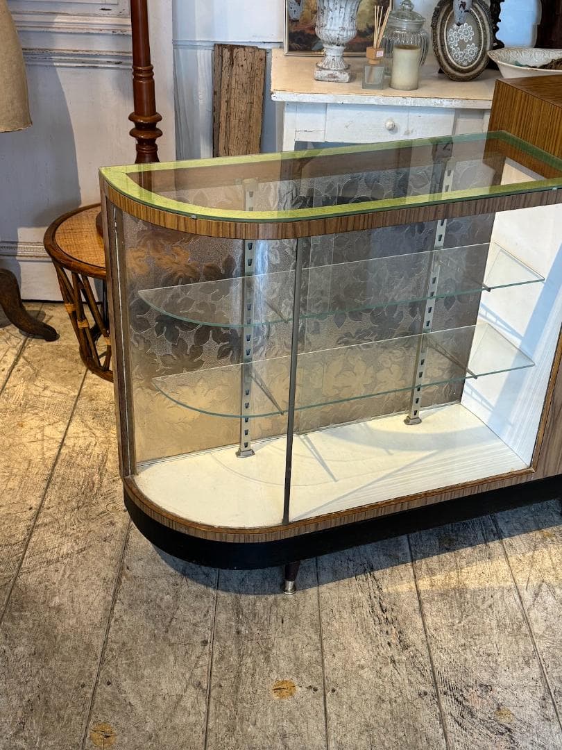 古いガラスショーケースカウンター 店舗什器 Rガラス レトロガラスヴィンテージ