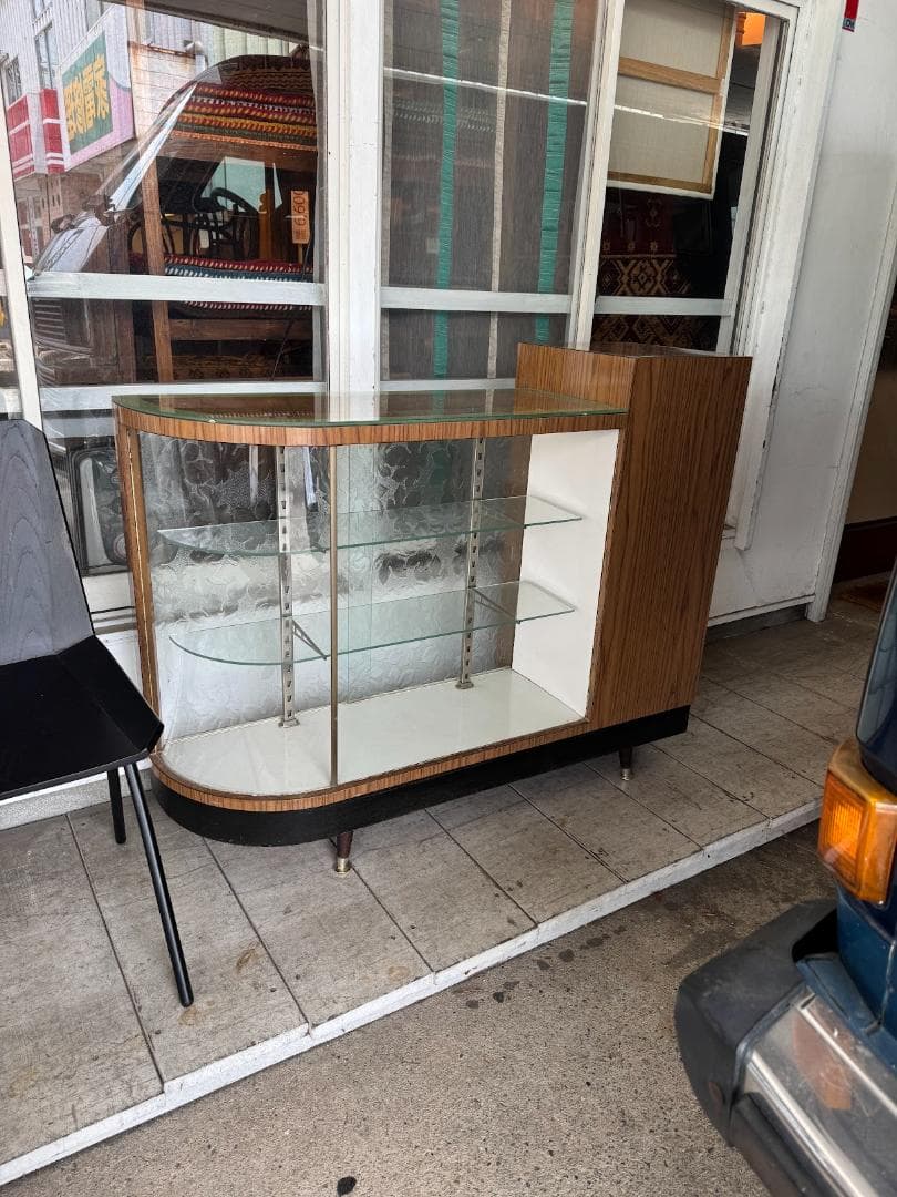 古いガラスショーケースカウンター 店舗什器 Rガラス レトロガラスヴィンテージ