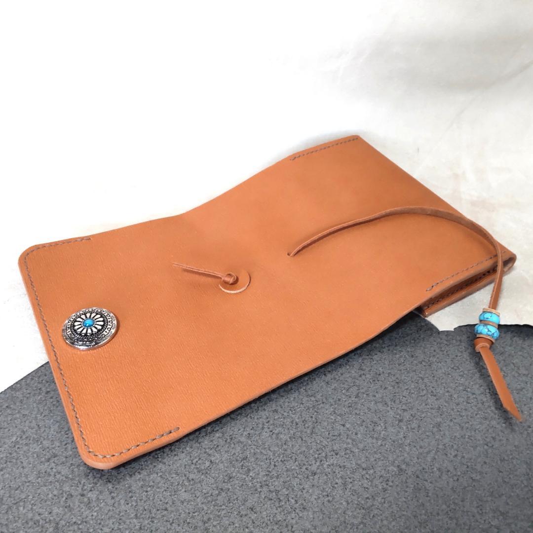 三つ折りシャグポーチ牛革（ペールオレンジ） コンチョ紐止め【T-04】