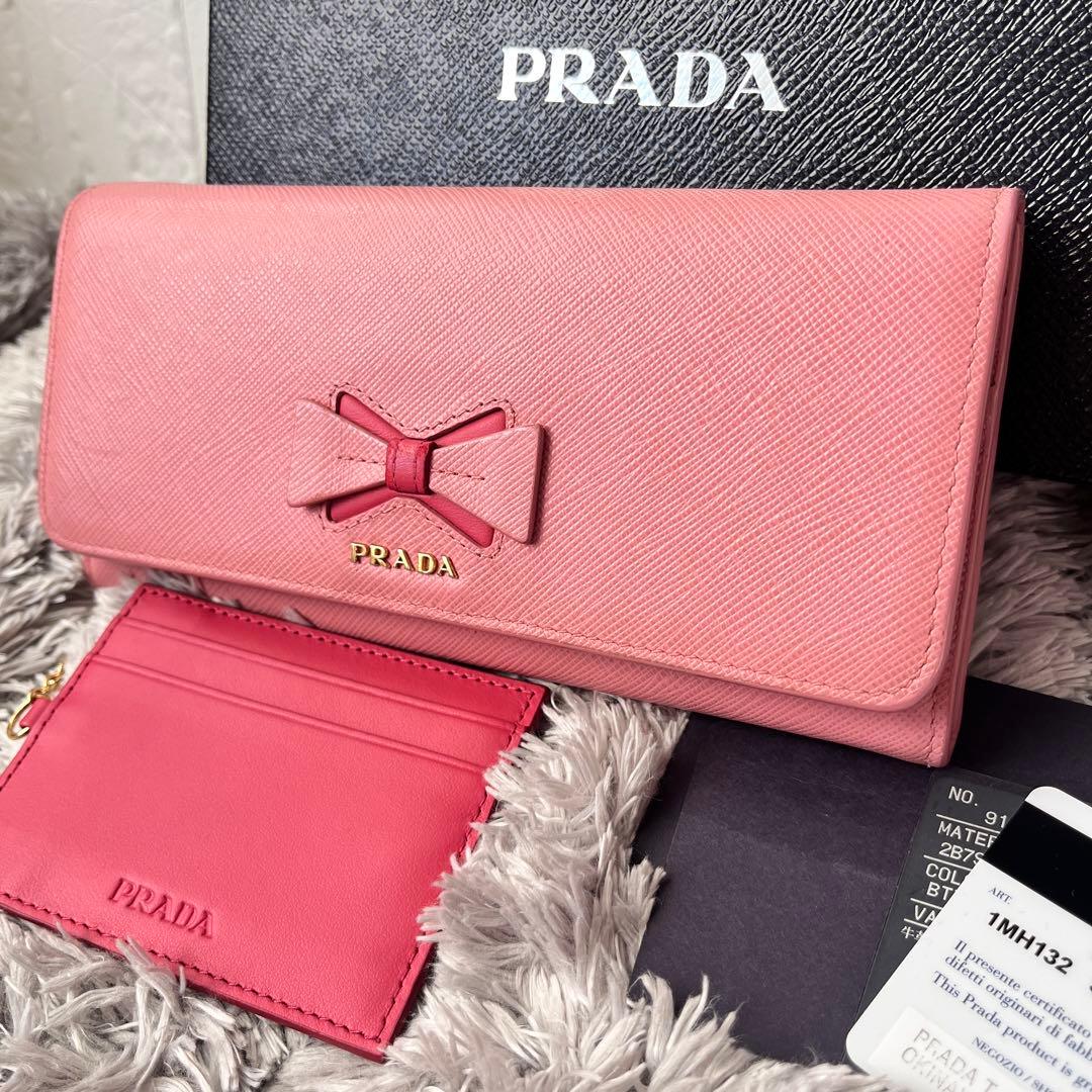 美品✨PRADA サフィアーノ　リボン　メタルロゴ　カードケース付　長財布