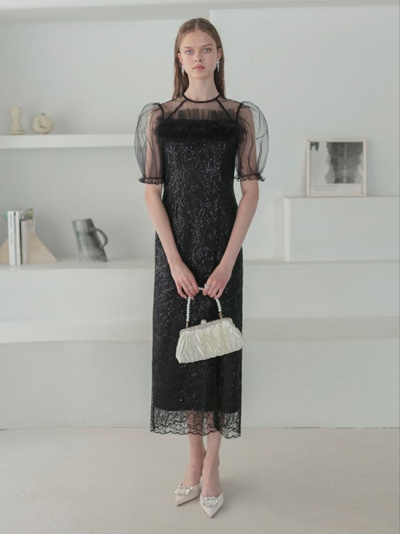 チュールフラワースパンコールIラインワンピースドレス結婚式パーティー成人式二次会