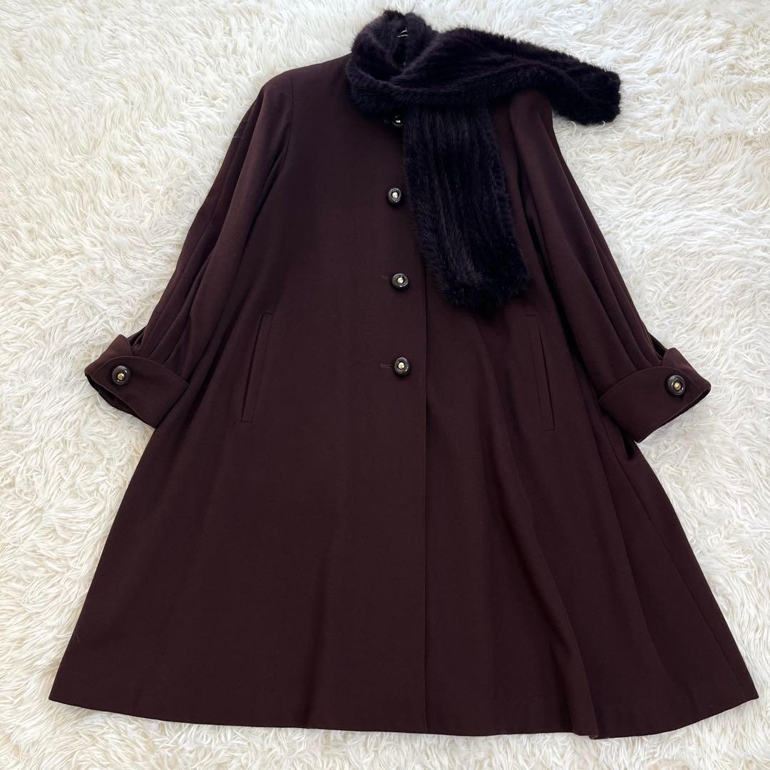 パリエンヌ ファー襟 ロングコート Aライン カシミヤ100 紫