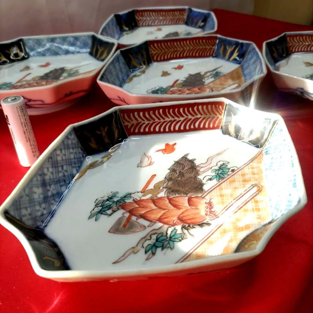 有田焼　伊万里焼　古伊万里　金彩　色絵　小皿　舟皿　八角皿　刺し身皿　5客セット