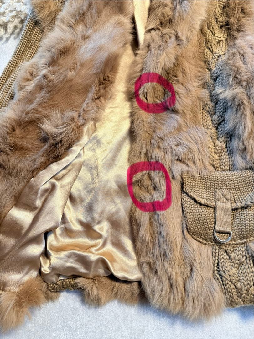 KENZO ニットファー異素材ミックスコート　ブラウン　Lサイズ