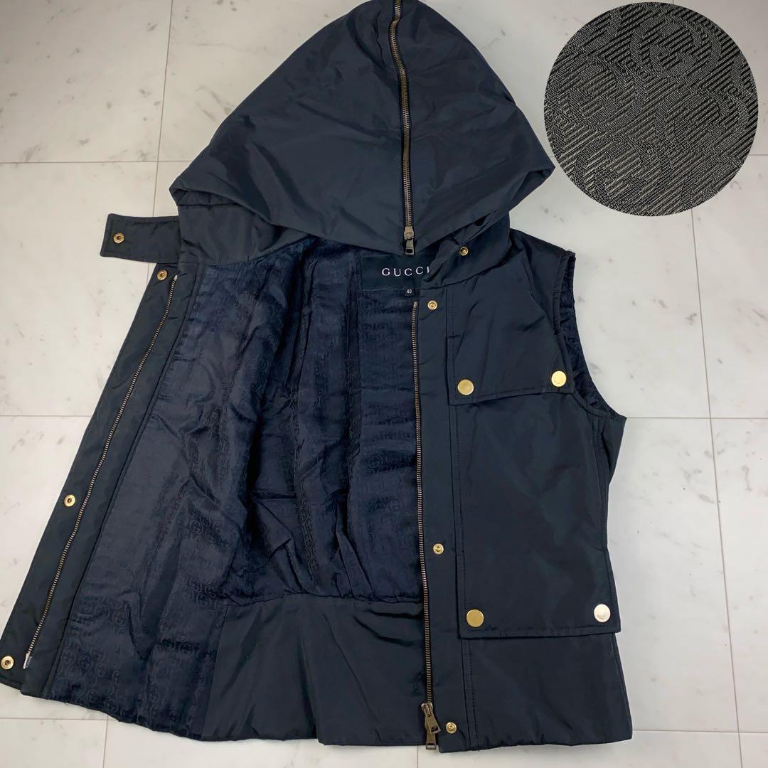 裏地GG◎GUCCI グッチ　ダウンベスト　金ボタン　フード　ジップアップ