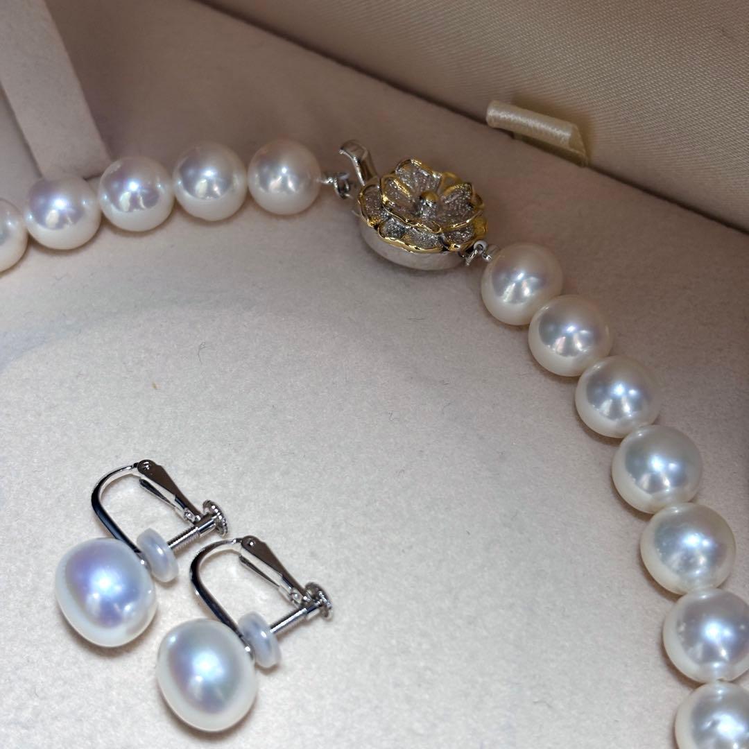 大珠✨テリ強 パール　ネックレス　ホワイト　イヤリング 8.5-9.5 本真珠