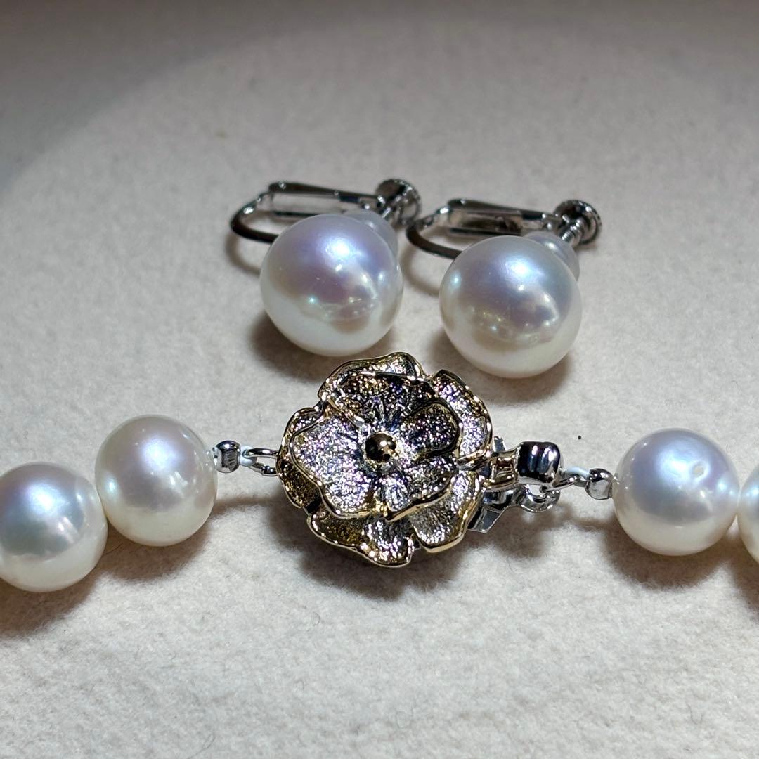 大珠✨テリ強 パール　ネックレス　ホワイト　イヤリング 8.5-9.5 本真珠