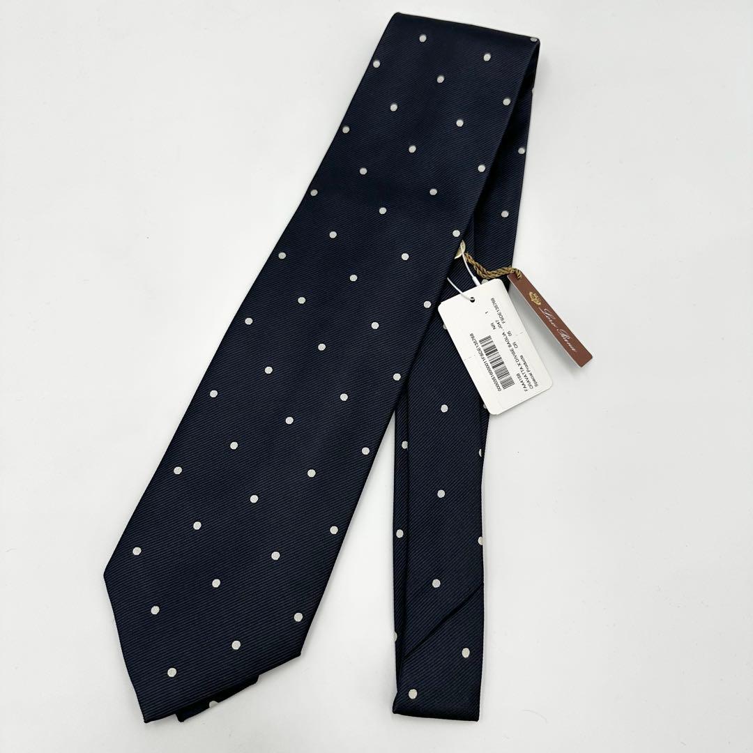 未使用品◎Loro Piana シルクネクタイ メンズ ビジネス ドット柄 紺